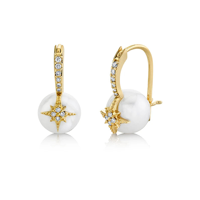 GOLD &amp; DIAMOND STARBURST PEARL BEAD EARRINGS