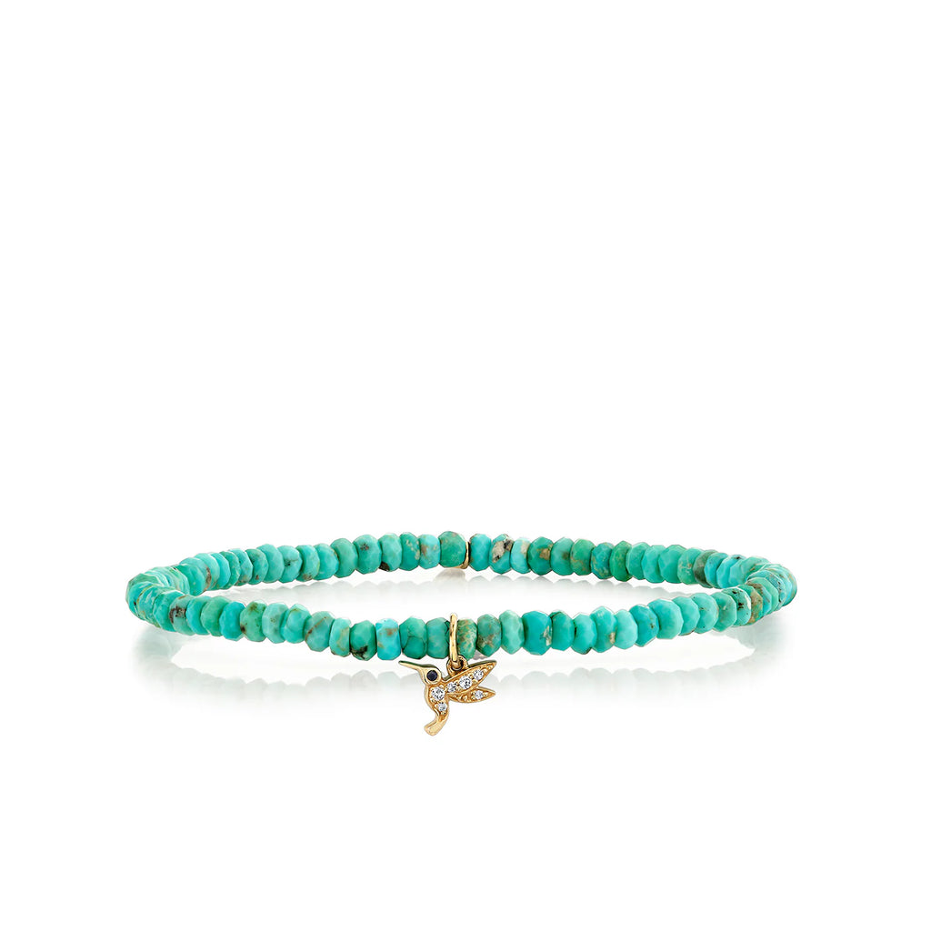 GOLD, DIAMOND & SAPPHIRE TINY HUMMINGBIRD ON TURQUOISE - Vincents