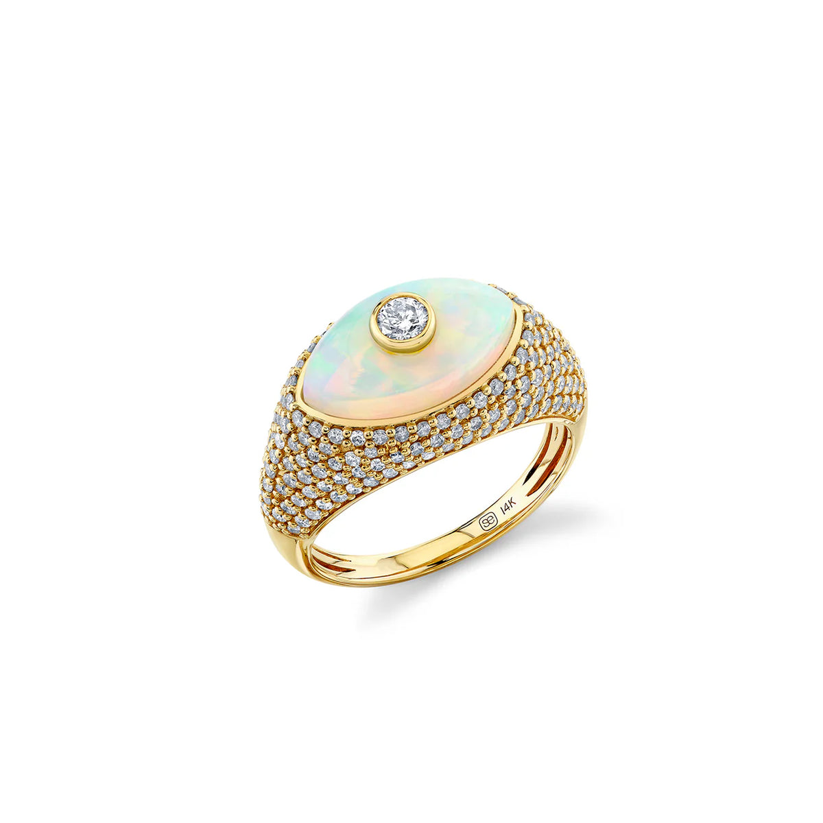 GOLD &amp; DIAMOND OPAL LARGE CARVED STONE PAVE RING