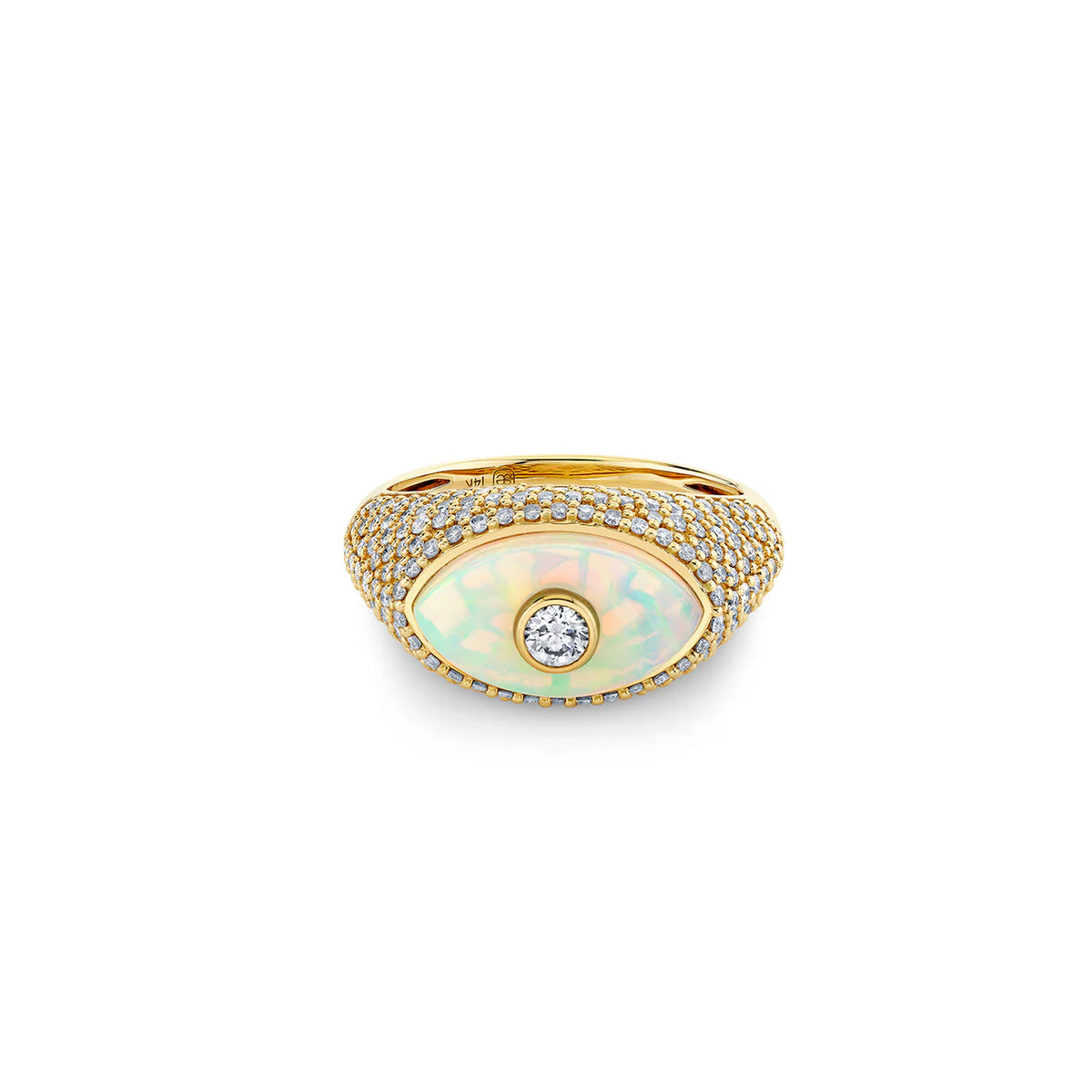 GOLD &amp; DIAMOND OPAL LARGE CARVED STONE PAVE RING