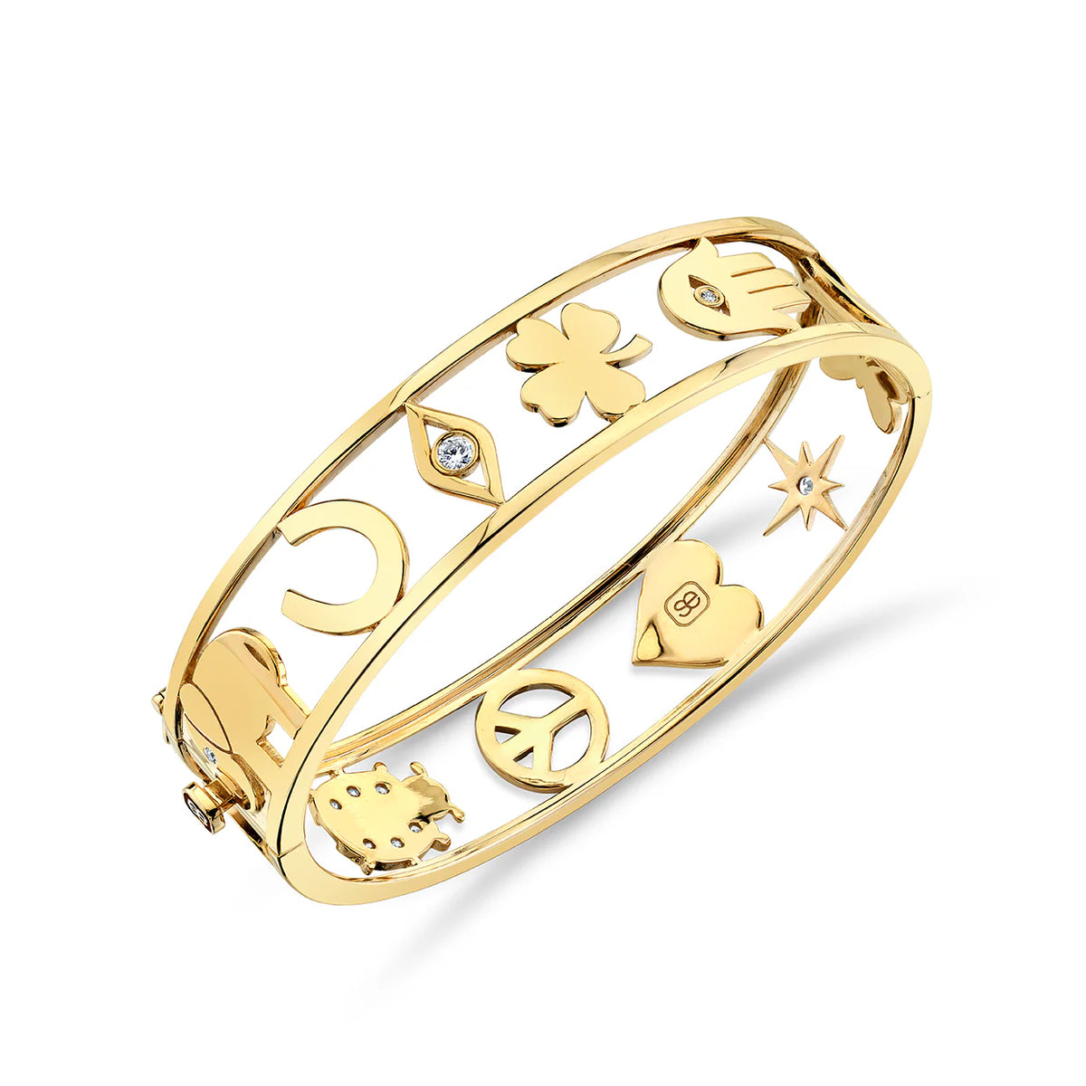 GOLD &amp; DIAMOND LARGE OPEN ICON HINGE BANGLE