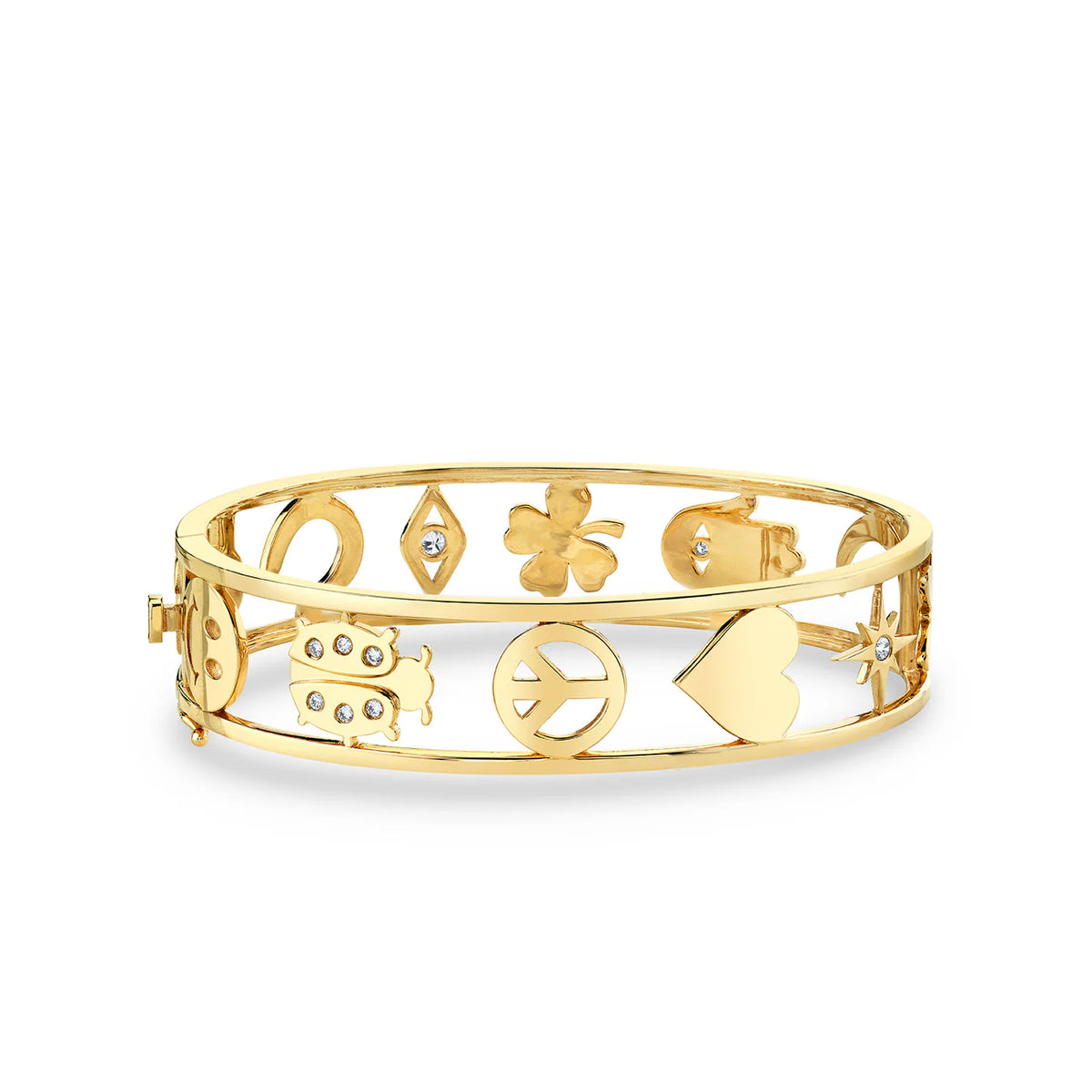 GOLD &amp; DIAMOND LARGE OPEN ICON HINGE BANGLE