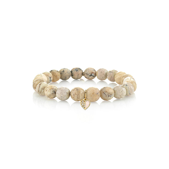 BABY PAVE HEART WITH STONE INLAY CHARM ON AFRICAN OPAL FACETED ROUND