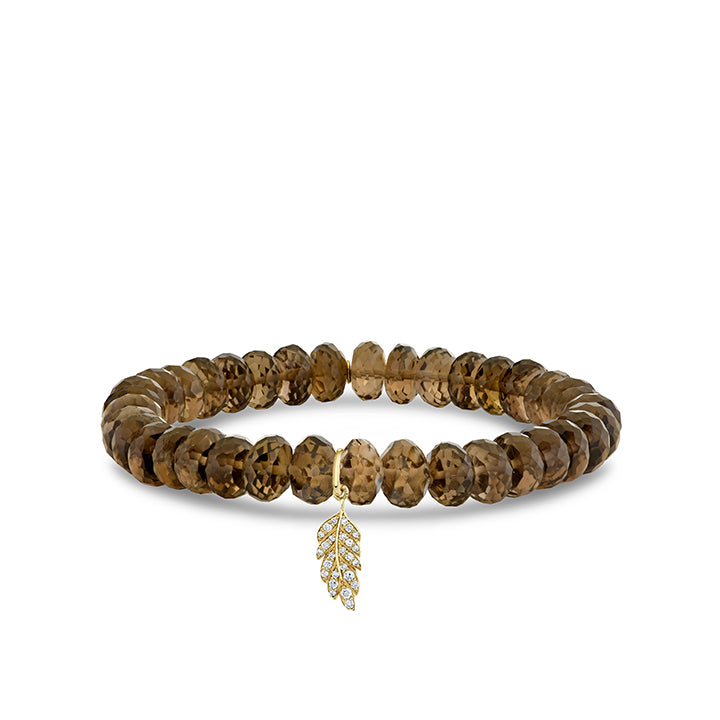 TINY PAVE FEATHER CHARM ON SMOKEY QUARTZ FACETED RONDELLE