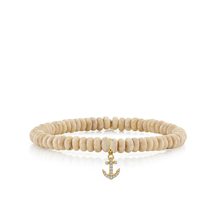 TINY ANCHOR CHARM ON CREAM JASPER SMOOTH RONDELLE