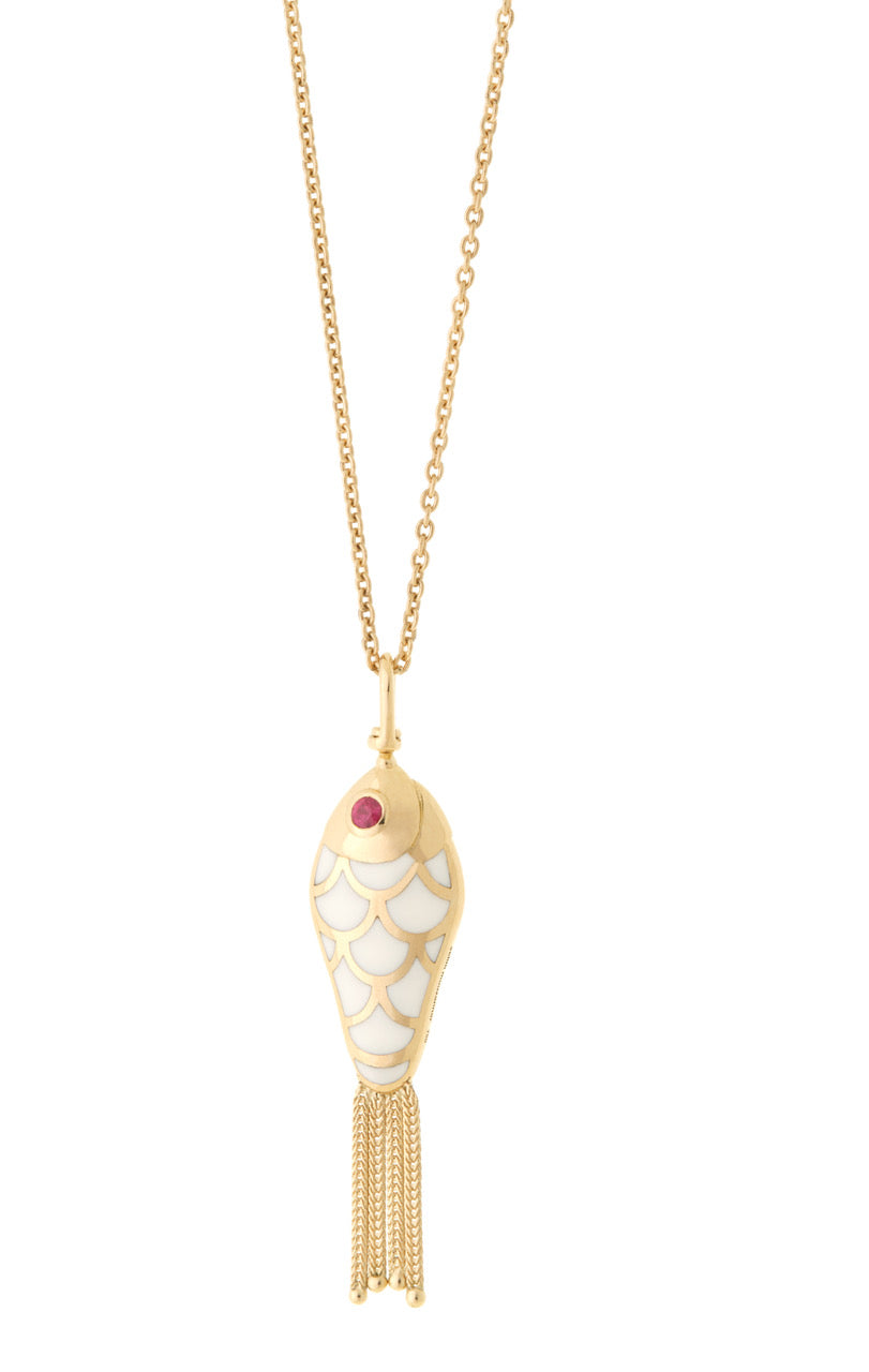 Fish for Love Charm - White and Rusty Red Rubies