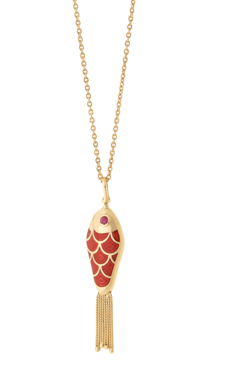 Fish for Love Charm - White and Rusty Red Rubies