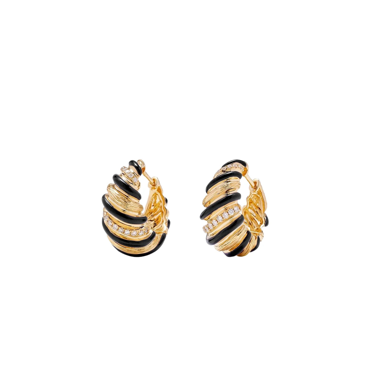 TAPERED TWO TONE FLUTED &amp; DIAMOND HOOP EARRINGS