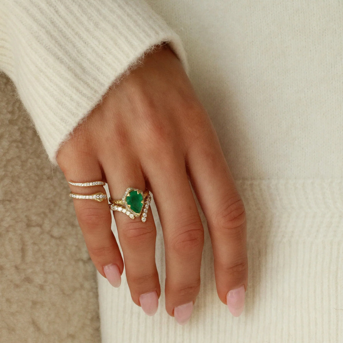 French Pavé Diamond Tusk Ring - White Gold