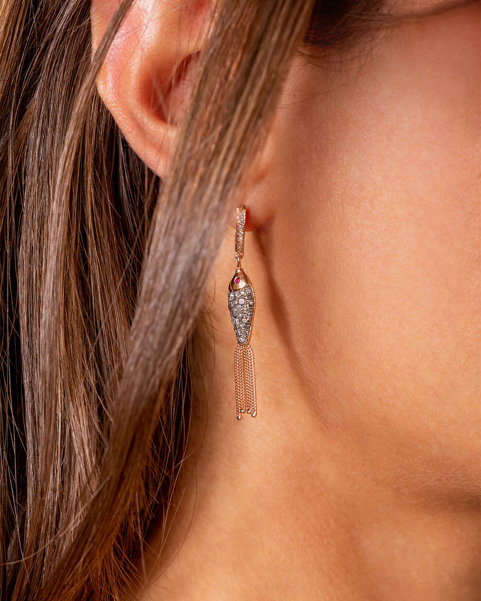 Fish for Love Earring Orange Icy Grey Diamonds - Rubies