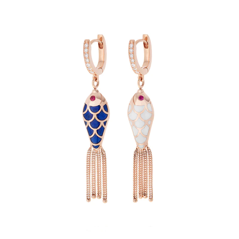 Fish for Love Earrings - Navy &amp; Ivory Ruby Diamonds