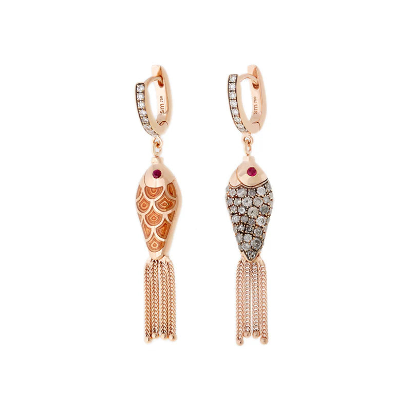 Fish for Love Earring Orange Icy Grey Diamonds - Rubies