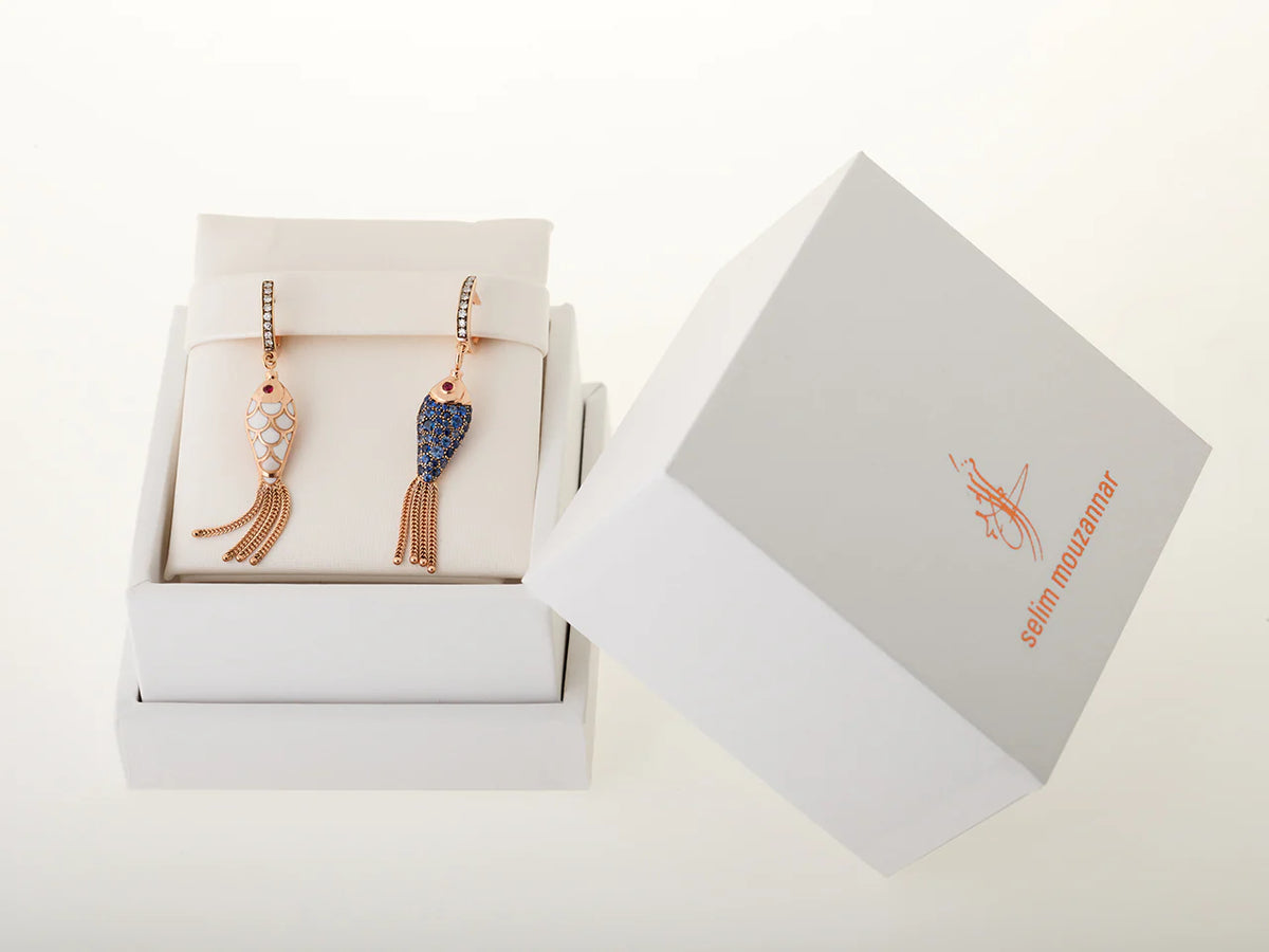 Fish for Love Earring Orange Icy Grey Diamonds - Rubies