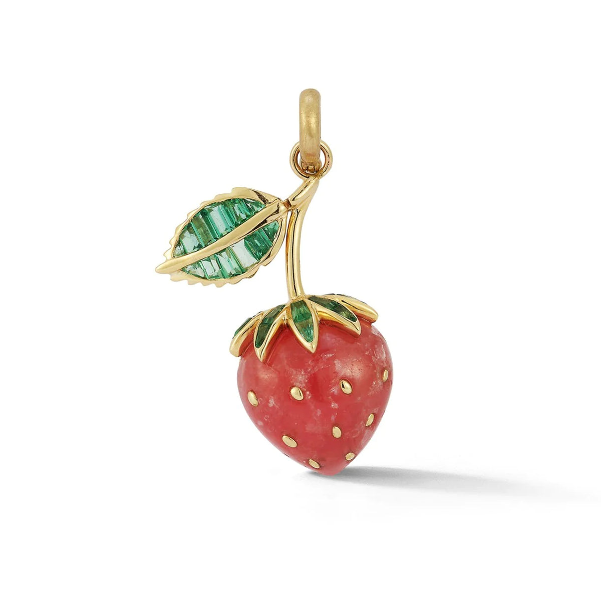 14K GOLD EMERALD &amp; RHODOCHROSITE SWEET STRAWBERRY CHARM