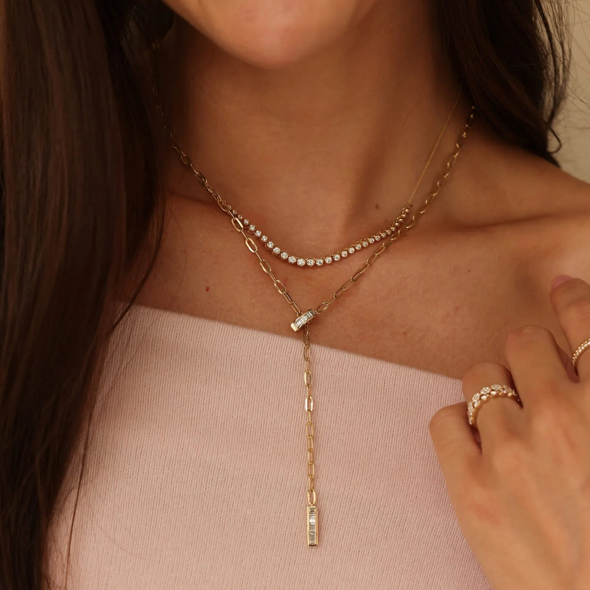 Sadie Pearl Baguette Paperclip Lariat Necklace