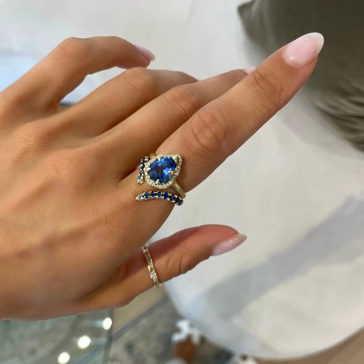 French Pavé Blue Sapphire Tusk Ring