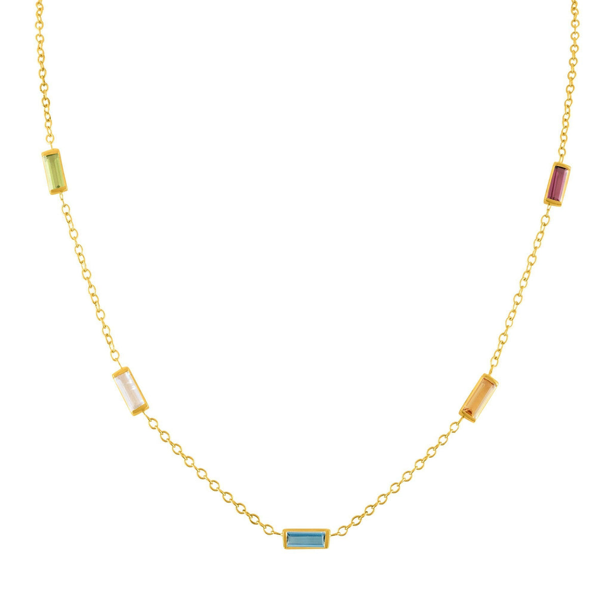 Confetti Baguette Necklace: 14k Gold, Rhodolite, Peridot, Citrine Moonshine, Blue Topaz