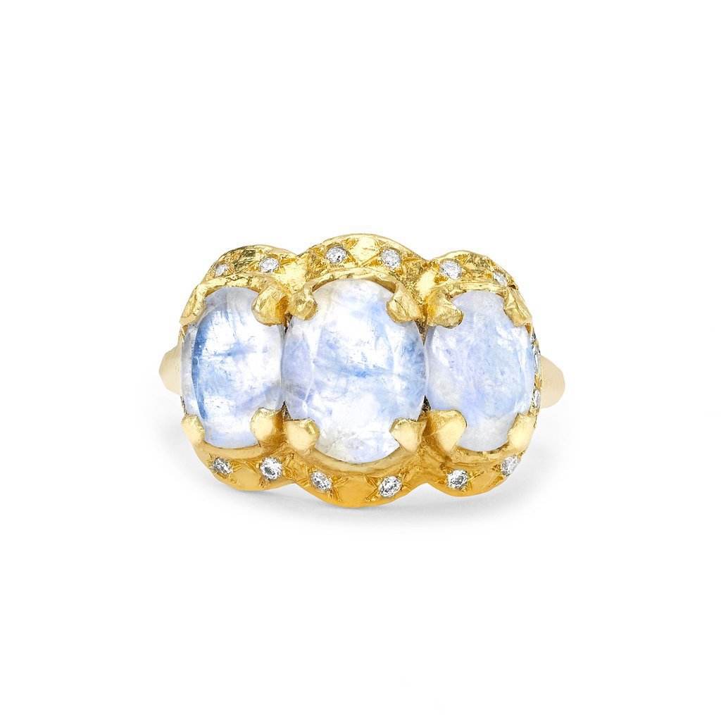 Queen Triple Goddess Moonstone Ring with Sprinkled Diamonds